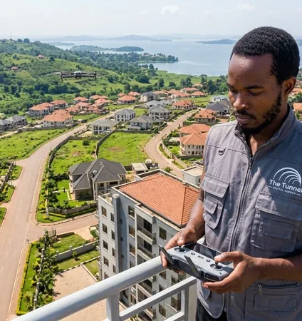 Tunnel Digital Agency drone operator flying an aerial shoot over a hillside estate outside Kampala