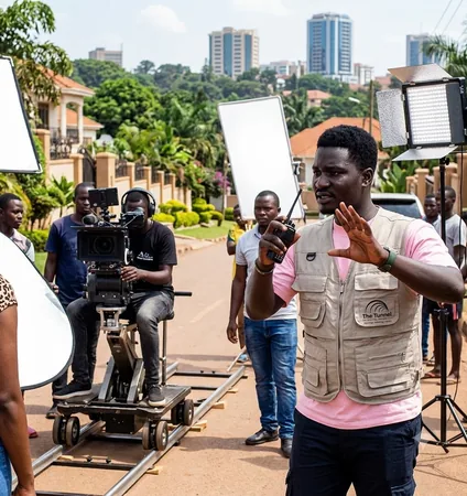 The Tunnel film crew on location in Kampala with a camera dolly, lighting panels and a reflector