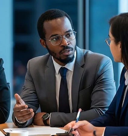 A consultation meeting in progress across a boardroom table