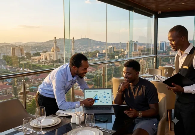 The Tunnel team working on laptops at a rooftop table overlooking Kampala