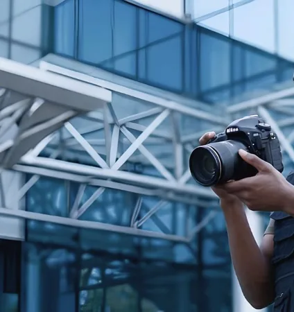 Photographer shooting architecture with a DSLR outside a glass and steel building